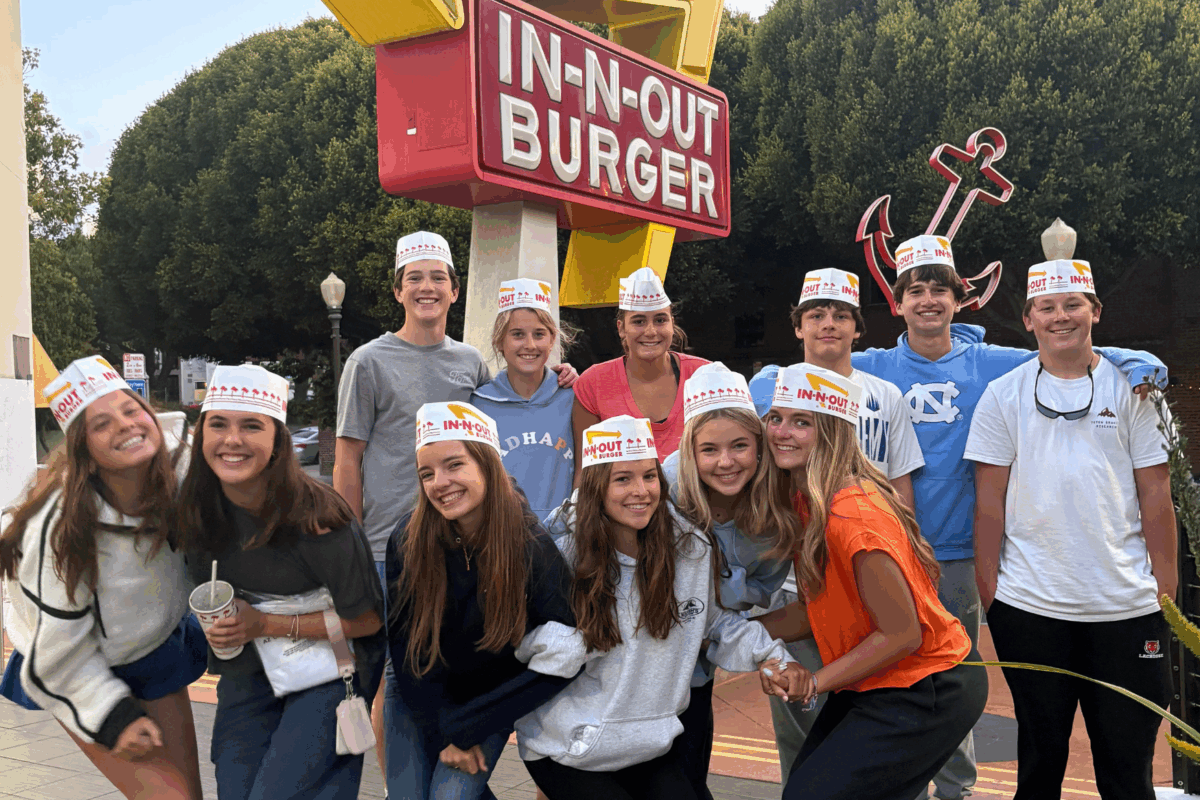 students in hats at the In N Out Burger