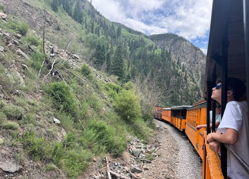 Teen leaning on the railing of the open-air Durango & Silverton Narrow Gauge Railroad train car, looking up at steep rocky mountain slopes covered in pine and aspen trees
