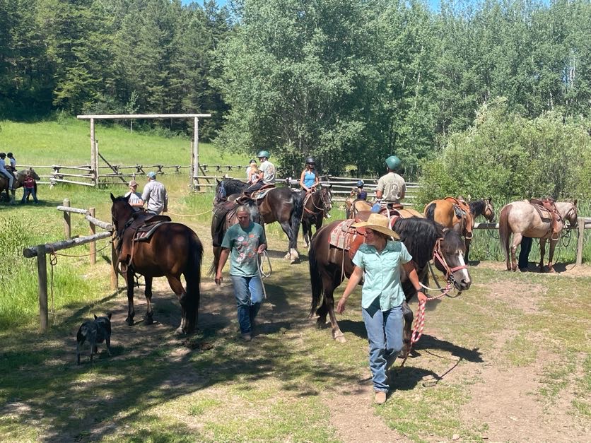 Ranch instructors leading horses and students on horseback through the corral area, with a ranch dog walking alongside and green meadows in the background
