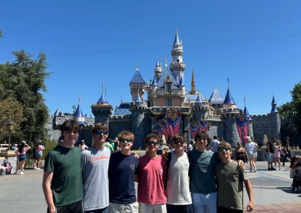 A group of seven teenage boys posing together in front of Sleeping Beauty Castle at Disneyland.